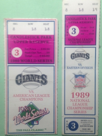 SF Giants ticket stubs from earthquake postponed game.